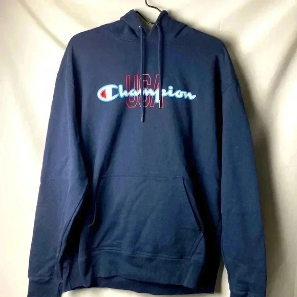 CHAMPION MENS LARGE HOODED PULLOVER SWEATSHIRT DRAWSTRING POCKETS USA DESIGN - Picture 1 of 12